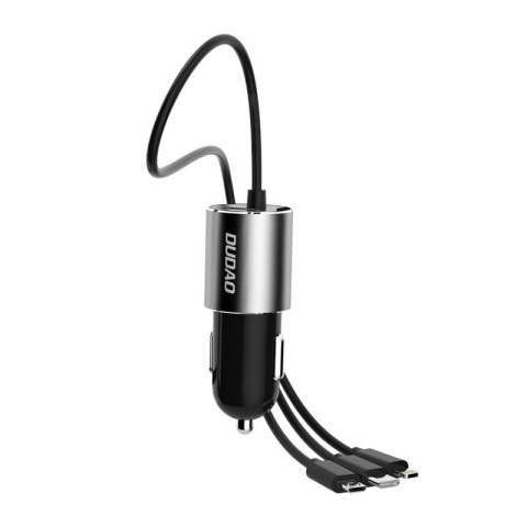 3w1 ładowarka samochodowa USB + wbudowany kabel Lightning USB-C micro USB czarny 3w1 ładowarka samochodowa USB + wbudowany kabel Lightning USB-C micro USB czarny
