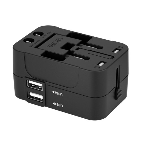 Adapter podróżny ładowarka uniwersalna 24W UE / US / AUS / UK / 2x USB-A - czarny Adapter podróżny ładowarka uniwersalna 24W UE / US / AUS / UK / 2x USB-A - czarny