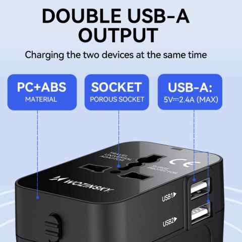 Adapter podróżny ładowarka uniwersalna 24W UE / US / AUS / UK / 2x USB-A - czarny Adapter podróżny ładowarka uniwersalna 24W UE / US / AUS / UK / 2x USB-A - czarny