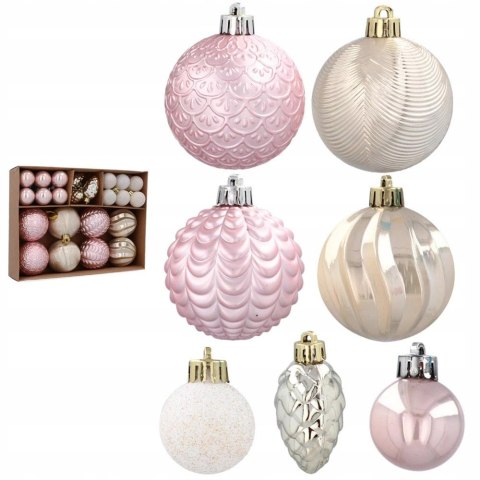 Bombki choinkowe 3,4,6cm kpl 36 szt RÓŻOWE/BIAŁE